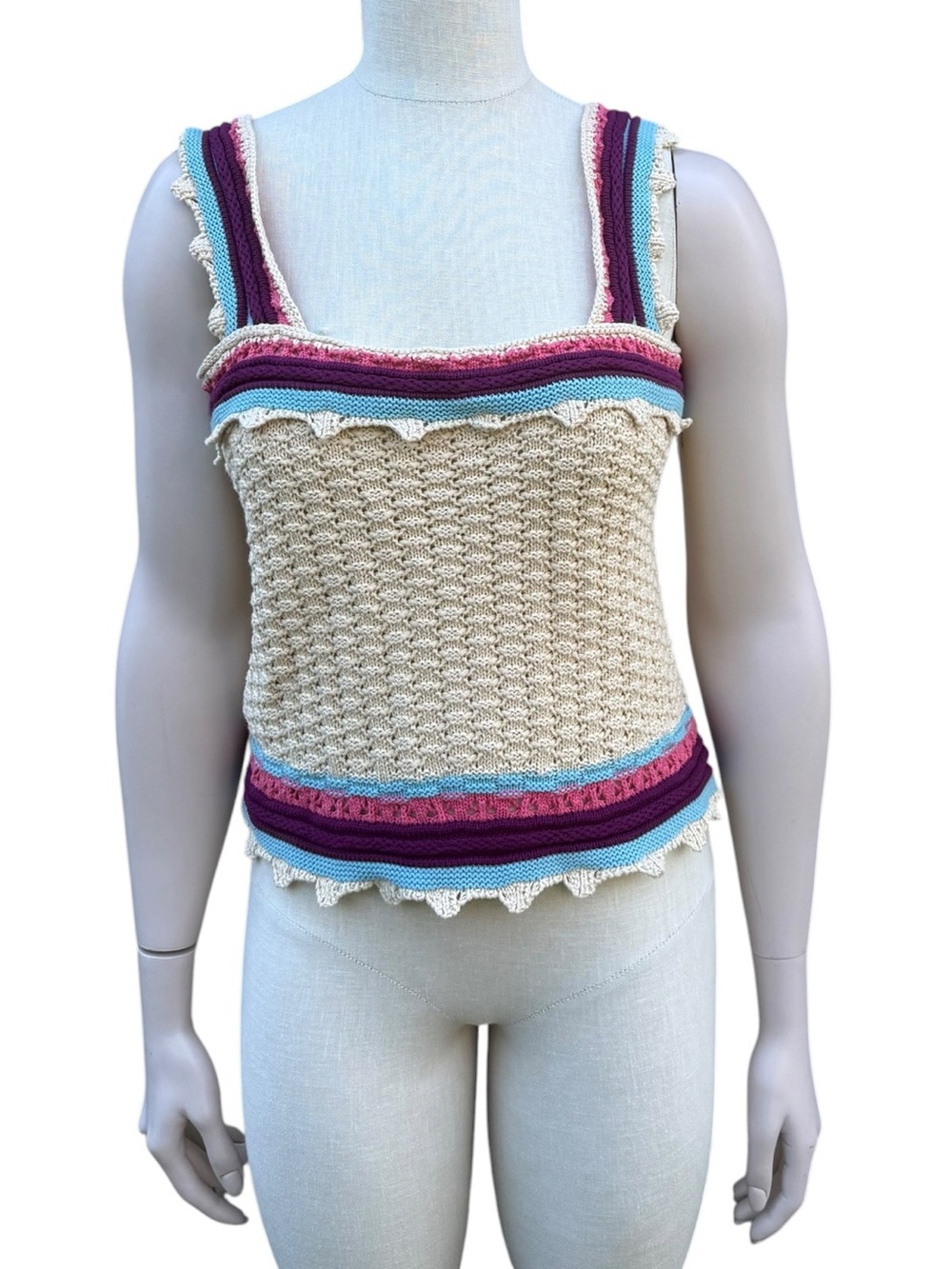 NWOT Cream Crochet Tank with Pink, Teal and Purple Trim